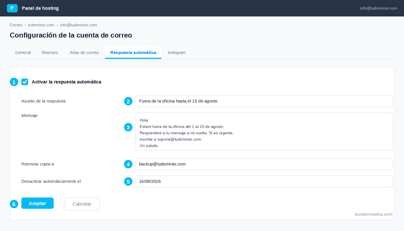 Pantalla de respuesta automática de una cuenta de correo en el panel Plesk con los pasos numerados