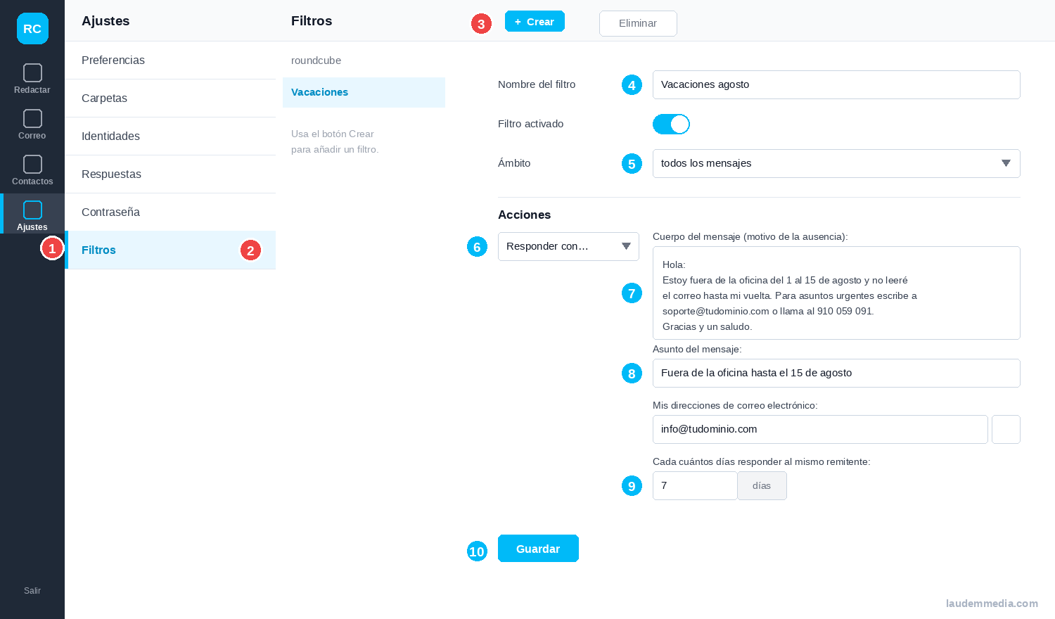 Pantalla de Ajustes › Filtros de Roundcube con los diez pasos numerados para crear la respuesta automática de vacaciones